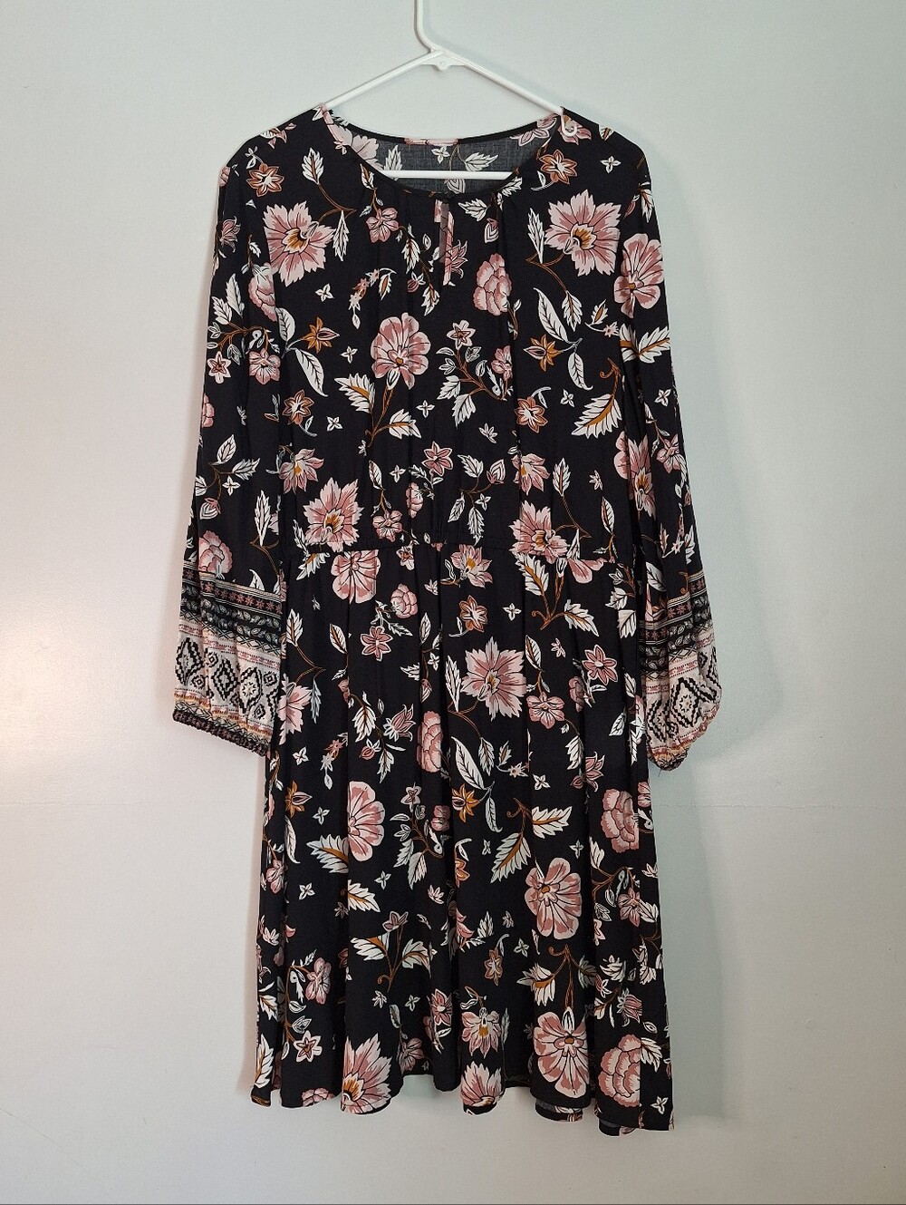 Black Floral Long Sleeve Dress with Pink Blooms